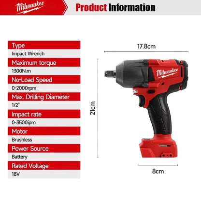 18V Cordless Impact Wrench – Brushless, 1300 N·m, Fits M18 Battery