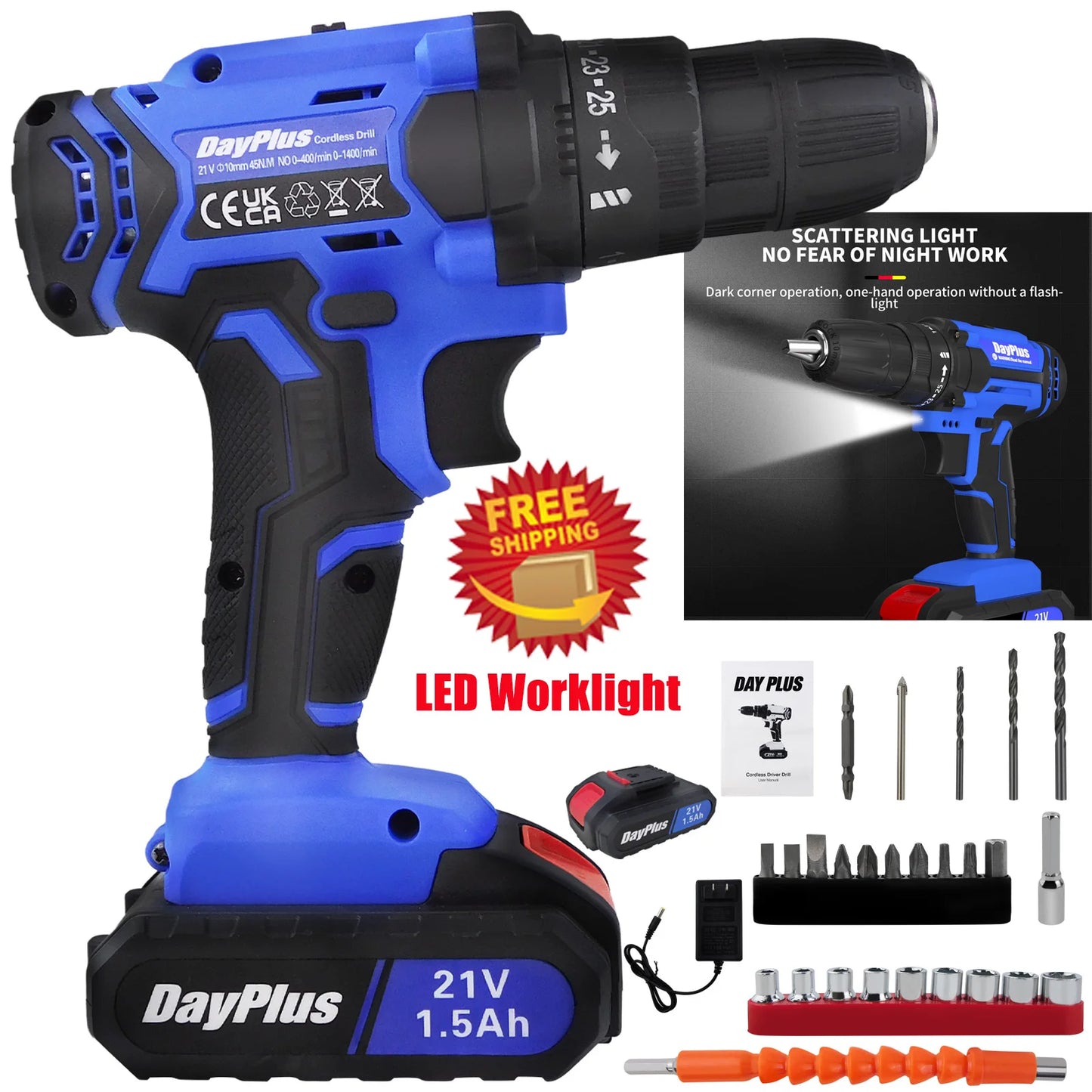 21V Cordless Power Drill,Handheld Screwdriver Drill Set with 25+1 Torque Setting,1.5Ah Li-Ion Battery&Fast Charger,2-Gear Drill