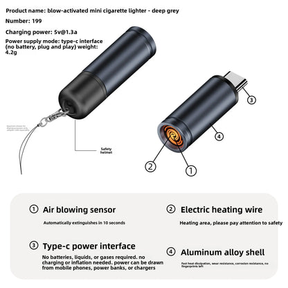 Mini Blowing Cigarette Lighter TYPE-C Plug Portable OTG Output Low Consumption Lighter Windproof USB-C
