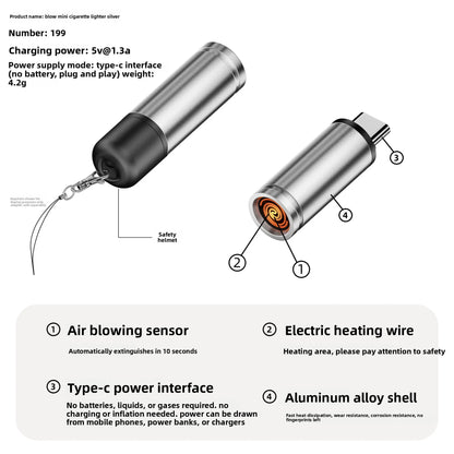Mini Blowing Cigarette Lighter TYPE-C Plug Portable OTG Output Low Consumption Lighter Windproof USB-C