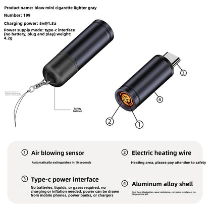 Mini Blowing Cigarette Lighter TYPE-C Plug Portable OTG Output Low Consumption Lighter Windproof USB-C