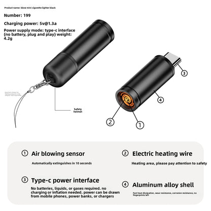 Mini Blowing Cigarette Lighter TYPE-C Plug Portable OTG Output Low Consumption Lighter Windproof USB-C