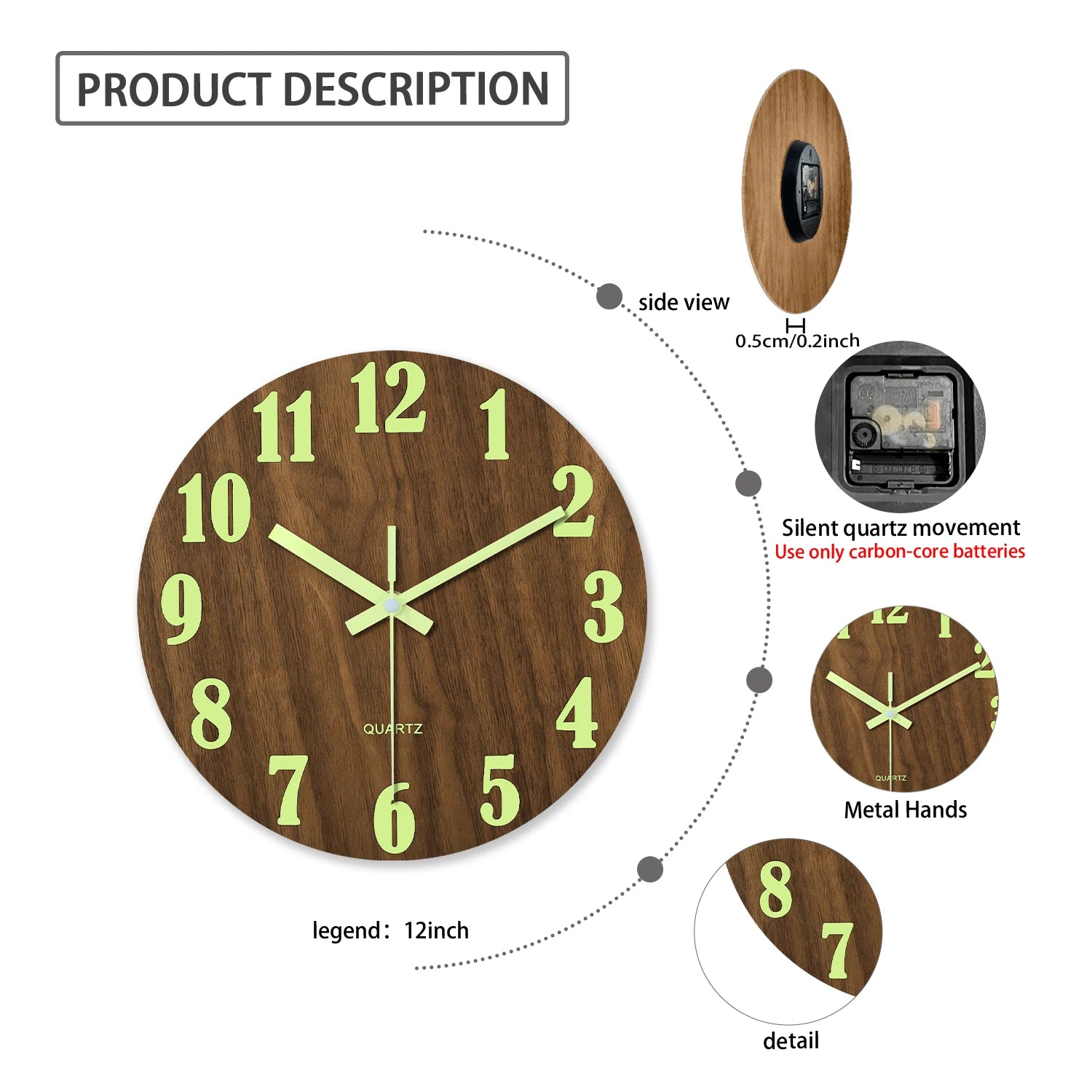 Luminous Wooden Wall Clock – Silent Non-Ticking Design