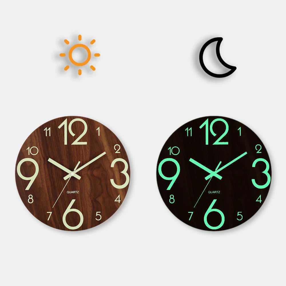 Luminous Wooden Wall Clock – Silent Non-Ticking Design
