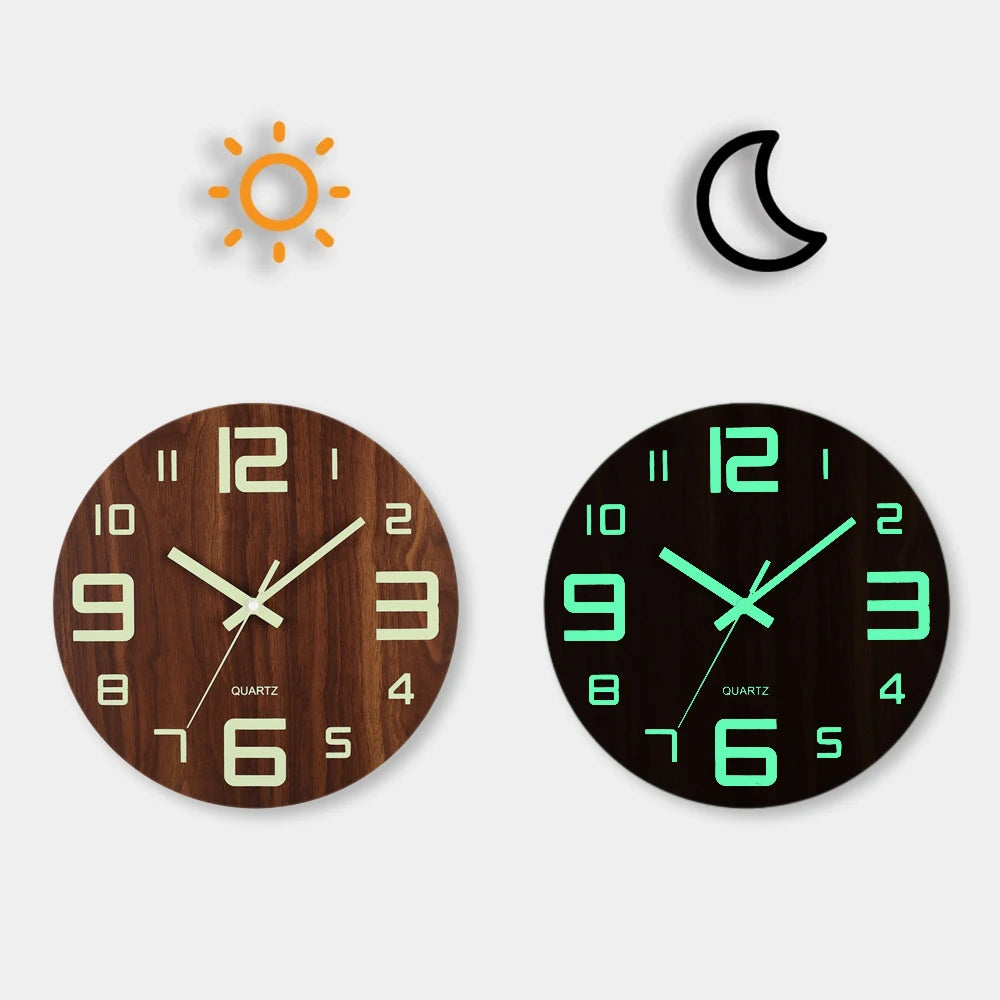 Luminous Wooden Wall Clock – Silent Non-Ticking Design