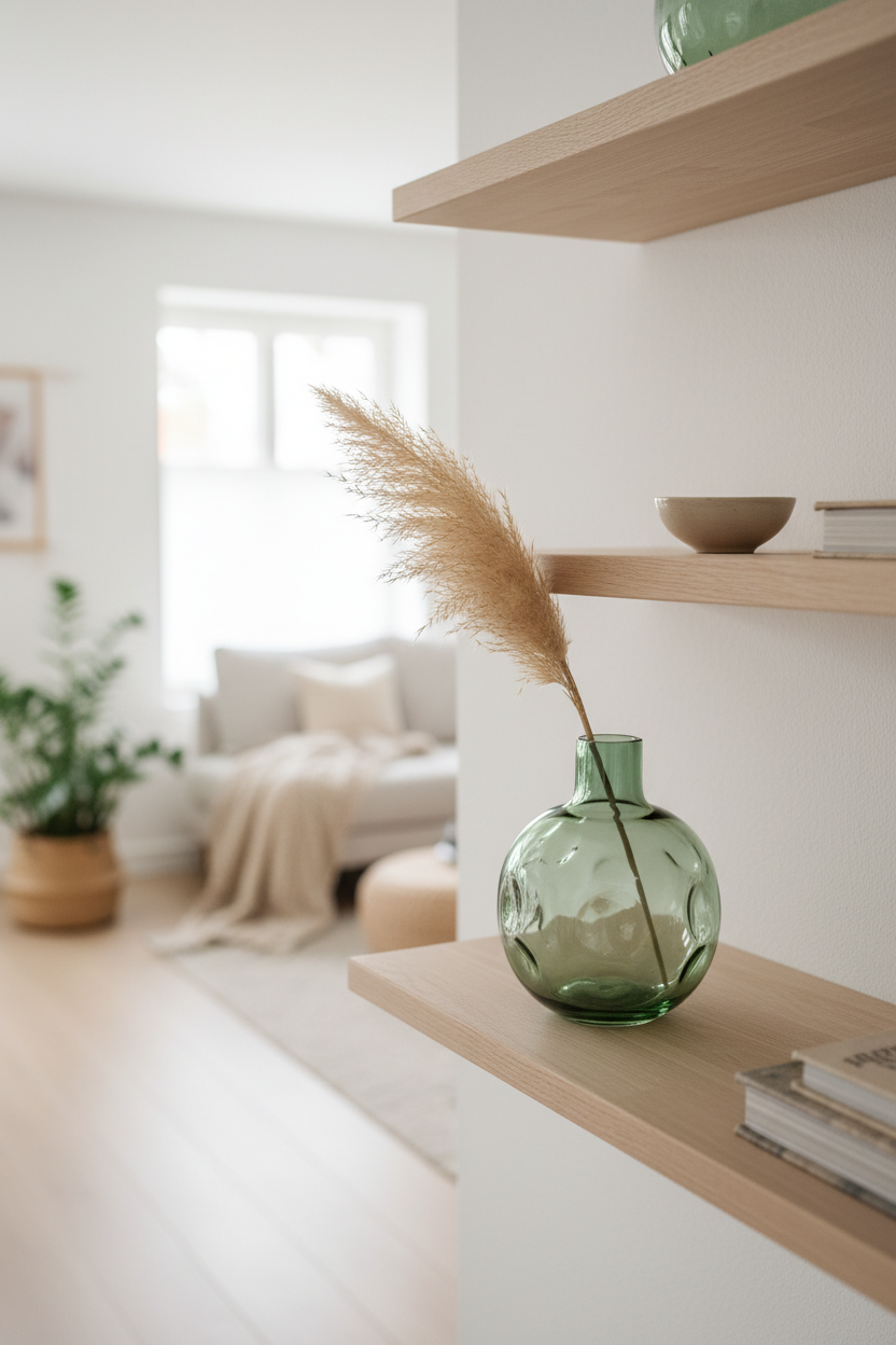 Nordic Glass Bubble Bud Vase on a minimalist Scandinavian shelf with dried pampas grass