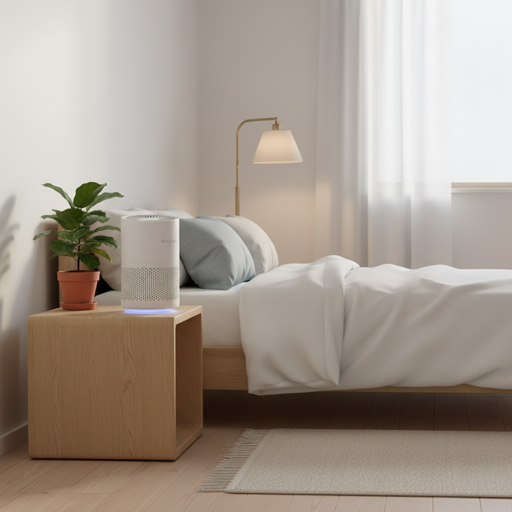 Air purifier on a bedside table in a cozy Scandinavian bedroom