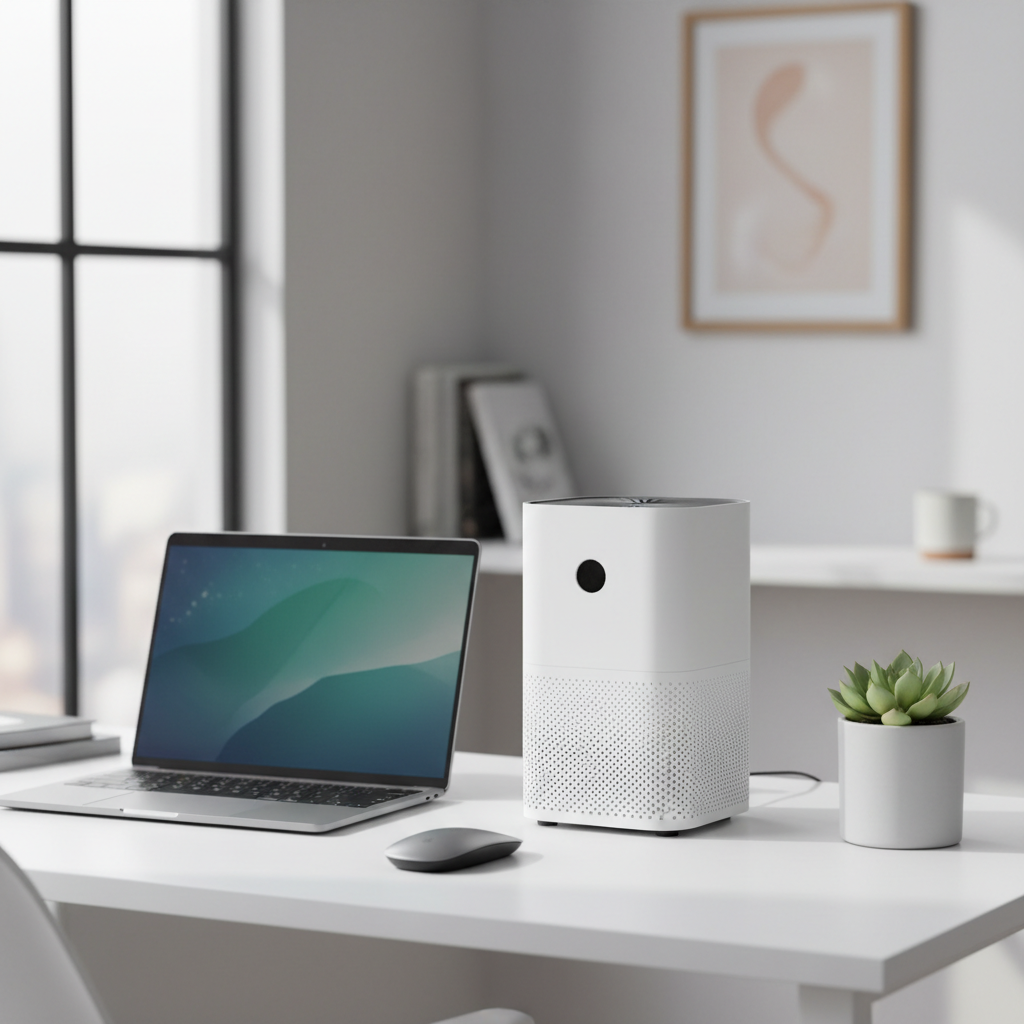 Air purifier on a home office desk with laptop and plant