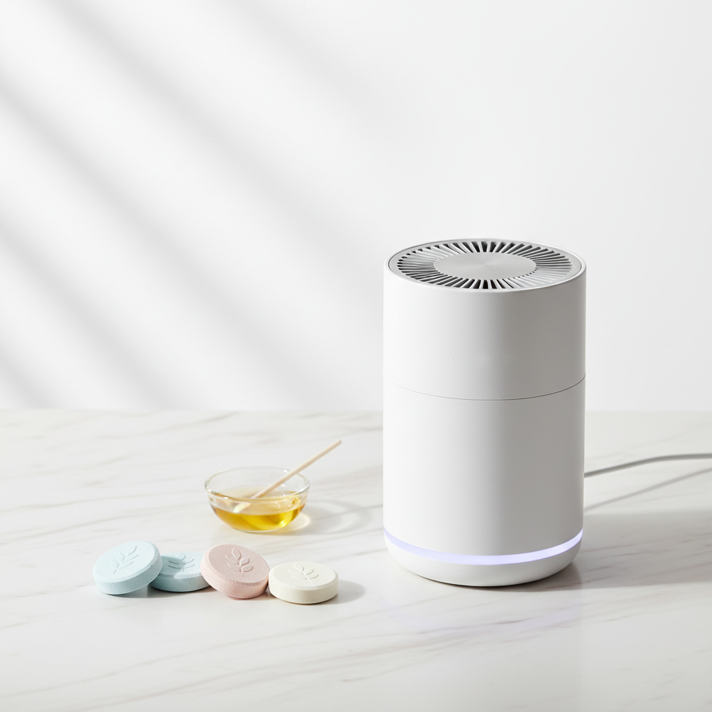 Air purifier with aromatherapy tablets on a marble surface